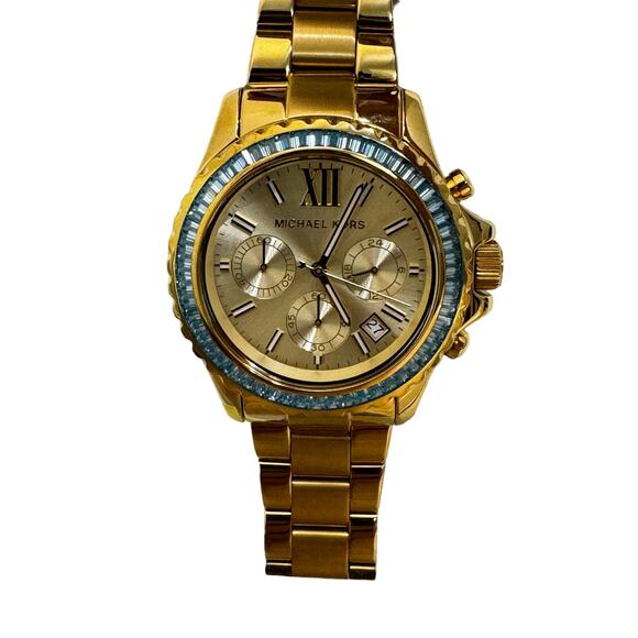 Michael Kors Everest Chronograph Gold Tone 42MM Turquoise Baguette Watch - Picture 8 of 8